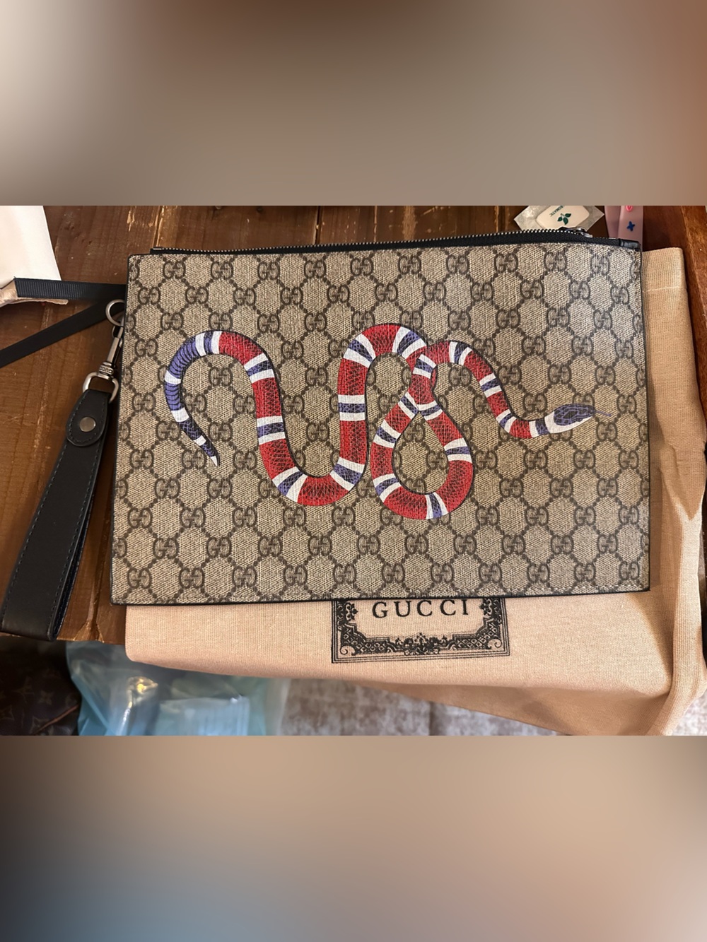 Gucci Beige GG Supreme Pouch with Red, White & Blue Snake